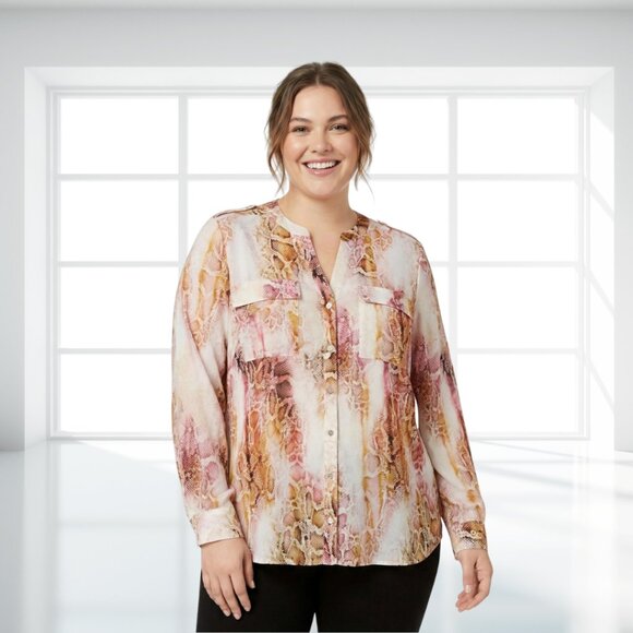 Calvin Klein Snake Print Blouse Button Down Shirt Top M Animal Reptile Pockets - Picture 1 of 11